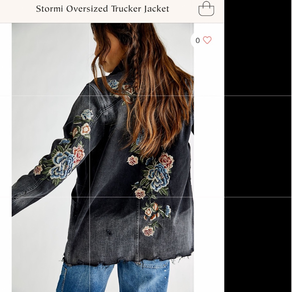 Free People Black Distressed Denim Trucker Jacket with Floral Embroidery